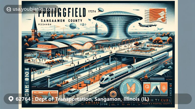 Modern illustration of Springfield Sangamon County Transportation Hub in Illinois, showcasing futuristic design, Amtrak station, pedestrian bridge, and county square, with vintage postal elements including air mail envelope and stamp with ZIP code 62764.