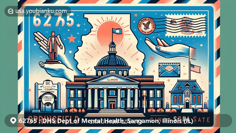Modern illustration of Springfield, Sangamon County, Illinois, highlighting ZIP code 62765 and mental health services, featuring state flag, Abraham Lincoln Presidential Library, postal elements, and symbols of mental health care.