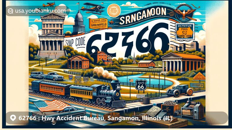 Modern illustration of Sangamon County, Illinois, highlighting ZIP code 62766 with Lincoln Tomb, Susan Lawrence Dana House, Great Western Railroad Depot, and Route 66 signs, set against a backdrop of Sangamon River and urban landscapes.