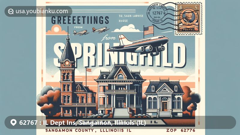 Modern illustration of Sangamon County, Springfield, Illinois, in aviation-themed postcard style, featuring ZIP code 62767, Central Springfield Historic District, and Susan Lawrence Dana House.