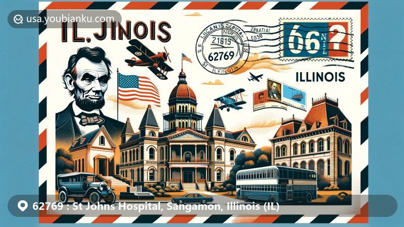 Modern illustration of St Johns Hospital, Sangamon, Illinois, showcasing landmarks like Abraham Lincoln Presidential Library and Museum, Lincoln Home National Historic Site, and Illinois State Capitol.