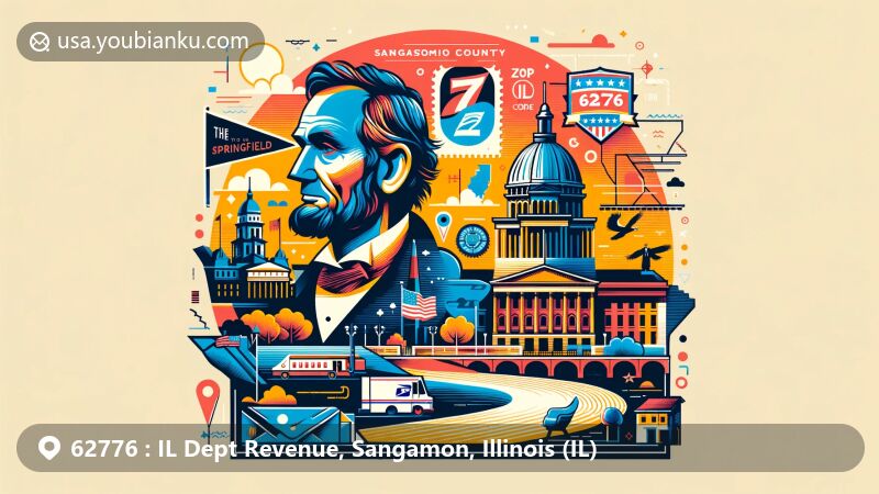 Modern illustration of Springfield, Illinois, Sangamon County, highlighting postal theme with State Capitol, Abraham Lincoln, and Sangamon River elements.