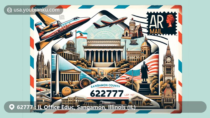 Modern illustration of Sangamon County, Illinois, highlighting postal theme with ZIP code 62777, featuring Lincoln Tomb and Central Springfield Historic District.