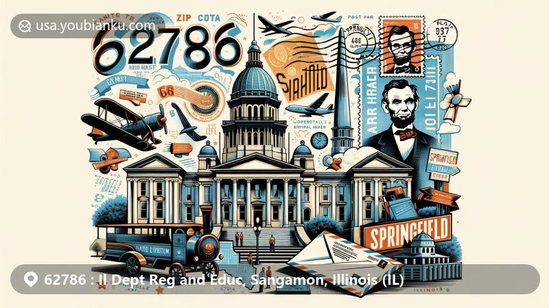 Modern illustration of Springfield, Illinois, showcasing postal theme with ZIP code 62786, featuring Illinois State Capitol, Abraham Lincoln Presidential Library and Museum, vintage airmail elements, and today's postmark.