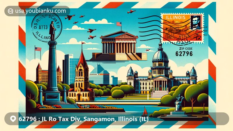 Modern illustration of Springfield, Sangamon County, Illinois, showcasing postal theme with ZIP code 62796, featuring iconic landmarks like the Lincoln Tomb, the Illinois State Capitol, the Executive Mansion, and the Dana-Thomas House, all under a clear blue sky.