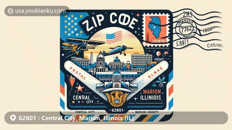 Modern illustration of Central City, Marion, Illinois, showcasing postal theme with ZIP code 62801, featuring Illinois state flag, Marion County outline, Central City landmark, and postal elements.