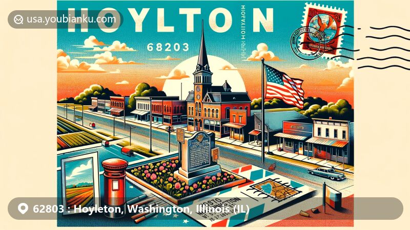 Modern illustration of Hoyleton, Illinois, in Washington County, showcasing small-town charm and postal theme with ZIP code 62803, featuring state flag and iconic town symbols.