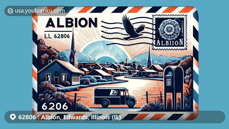 Modern illustration of Albion, Edwards County, Illinois, blending postal and scenic elements for ZIP code 62806, featuring iconic landscapes and vintage airmail envelope.
