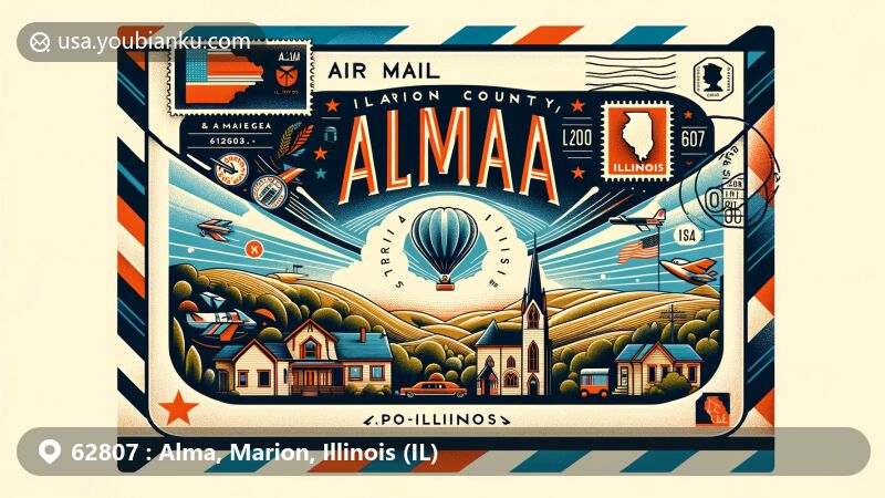 Wide-format illustration of Alma, Illinois, showcasing postal theme with ZIP code 62807, featuring village layout, Illinois state flag, and traditional postal elements.