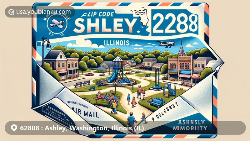 Creative illustration of Ashley, Washington County, Illinois, capturing the rural charm and community spirit of the village with a depiction of a park scene, local amenities, and a vintage postage stamp.