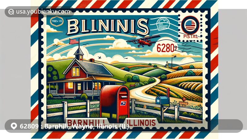 Modern illustration of Barnhill, Wayne County, Illinois, capturing rural landscapes with rolling hills and pastures, accented by vintage postal symbols like a postage stamp, post office sign, and red mailbox, featuring Illinois state flag and airmail envelope frame.