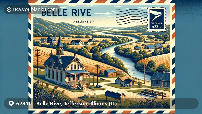 Modern illustration of Belle Rive, Illinois, showcasing postal theme with ZIP code 62810, featuring historic Belle Rive Post Office and scenic rolling hills.