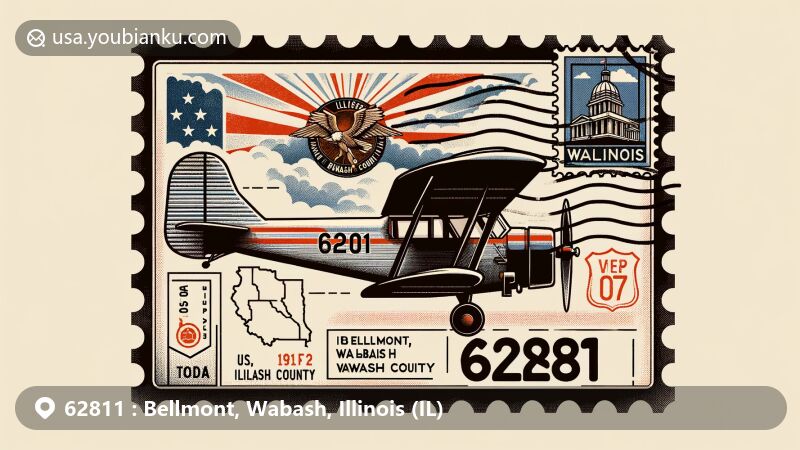 Modern illustration of Bellmont, Wabash County, Illinois, showcasing aviation-themed envelope with Illinois state flag and 62811 ZIP code, featuring vintage postage stamp with iconic local symbol.