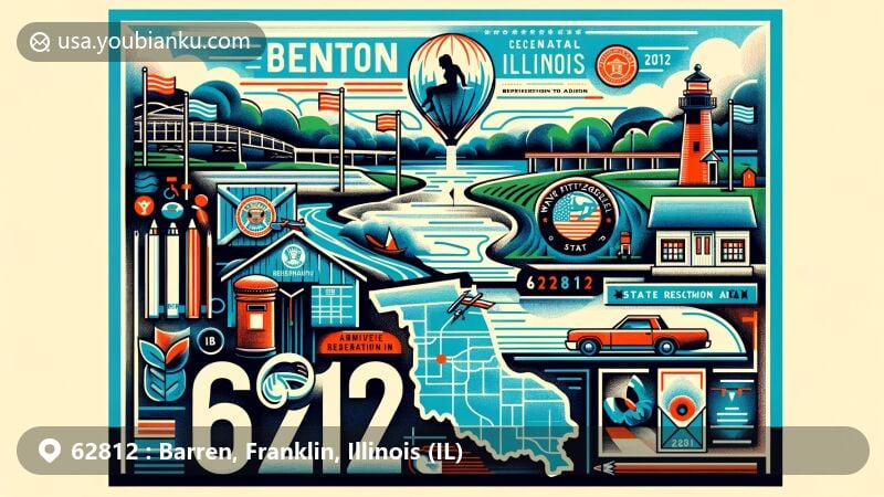 Modern illustration of Benton, Franklin County, Illinois, showcasing postal theme with ZIP code 62812, featuring Wayne Fitzgerrell State Recreation Area and stylized map outline of Franklin County.