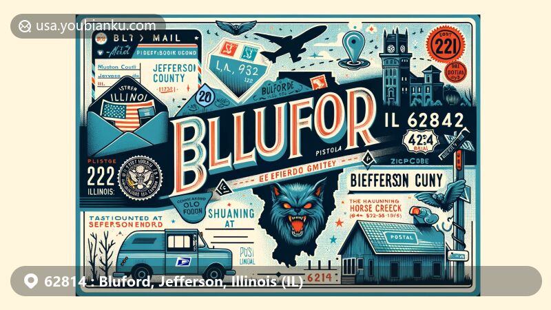 Creative depiction of Bluford, Illinois, with ZIP code 62814, featuring modern postal elements, including air mail envelope, postal mark, mailbox, and postal delivery vehicle.