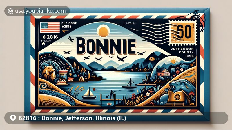 Creative illustration of Bonnie, Jefferson County, Illinois, with ZIP code 62816, featuring Rend Lake and local landmarks in a modern airmail envelope design.