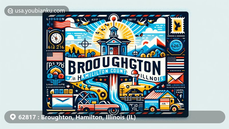 Contemporary illustration of Broughton, Hamilton County, Illinois, capturing the essence of ZIP code 62817, showcasing local landscape, Illinois state flag, and cultural landmarks in a postcard-themed design.