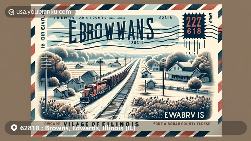 Modern illustration of Browns, Edwards County, Illinois, featuring ZIP code 62818. Showcasing rural charm, postal elements, and community aspects near Bonpas Creek, east of Edwards County.