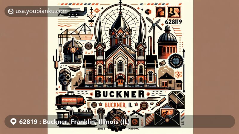 Modern illustration of Buckner, Illinois, ZIP Code 62819, featuring Russian Orthodox Church and mining community symbols, with vintage postal elements like airmail envelope, stamps, and postmark.