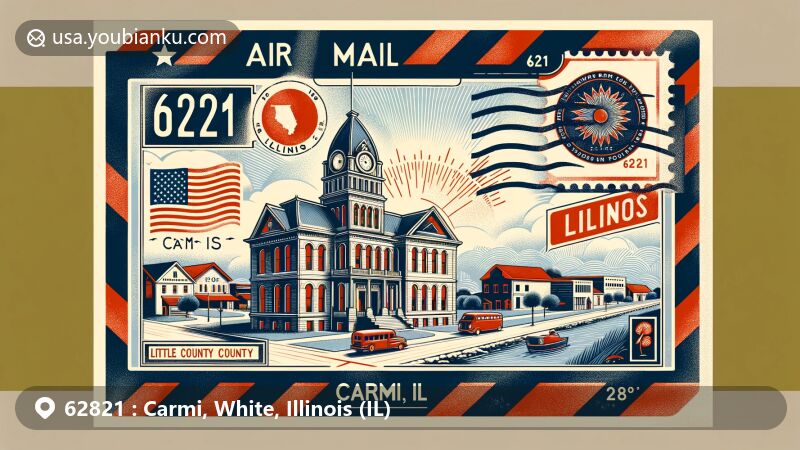 Modern illustration of Carmi, Illinois, with ZIP code 62821, featuring air mail envelope design highlighting White County Courthouse, Little Wabash River, vintage air mail styling, Illinois state flag stamp, 'Carmi, IL' cancellation mark, and diverse climate elements.