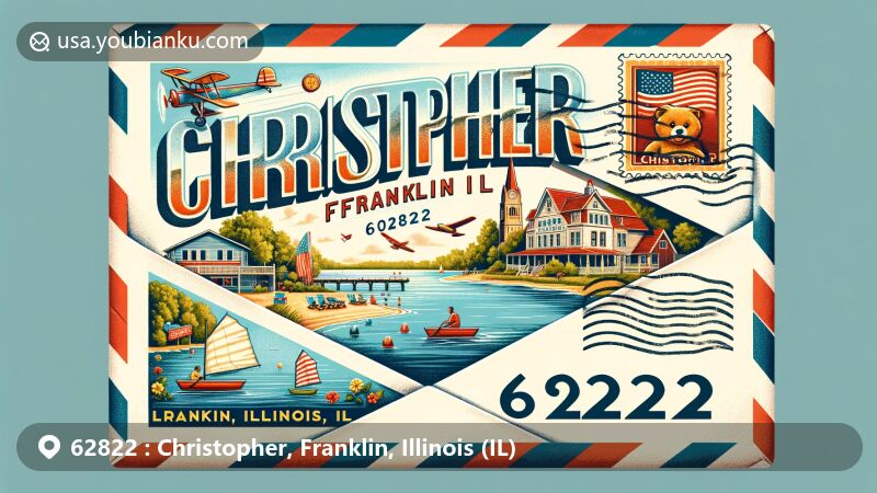 Modern illustration of Christopher, Franklin County, Illinois, featuring vintage airmail theme with ZIP code 62822, showcasing Rend Lake recreation and Silkwood Inn.