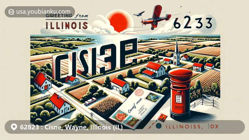 Modern illustration of Cisne, Illinois, highlighting its rural charm and iconic symbols of the state, featuring aerial view of the town surrounded by fields, vintage postal elements, and warm community feel.