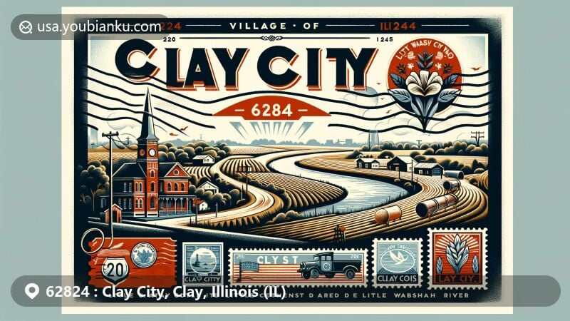 Modern illustration of Clay City, Clay County, Illinois, embracing a postal theme with ZIP code 62824, featuring the iconic Little Wabash River, U.S. Route 50, and rural landscapes.