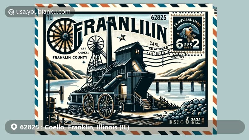 Creative modern illustration of Coello, Franklin County, Illinois, highlighting coal mining heritage with old mine entrance and coal cart, featuring Franklin County Field Gun and lush landscapes.