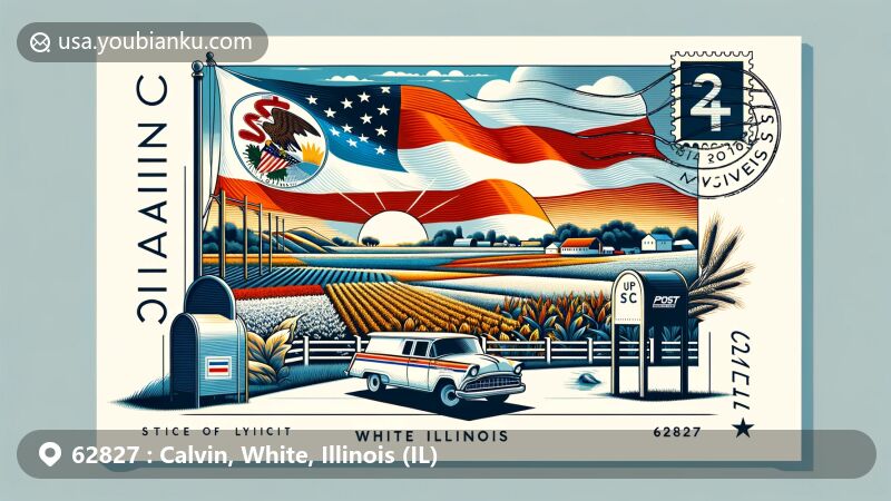 Modern illustration of Calvin area, White County, Illinois, featuring postcard design with Illinois state symbols and tranquil landscapes, highlighting postal theme with ZIP code 62827 and classic postal elements.