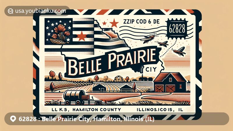 Vintage-style illustration of Belle Prairie City, Hamilton County, Illinois, celebrating ZIP code 62828 with Illinois state flag and county map, showcasing rural character and community spirit.