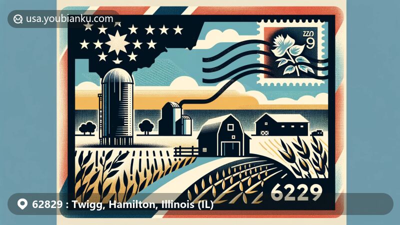 Modern illustration of Twigg, Hamilton County, Illinois, featuring ZIP code 62829 and creative postcard design with Illinois state flag, Hamilton County silhouette, rural elements, vintage airmail envelope, and postage stamp.