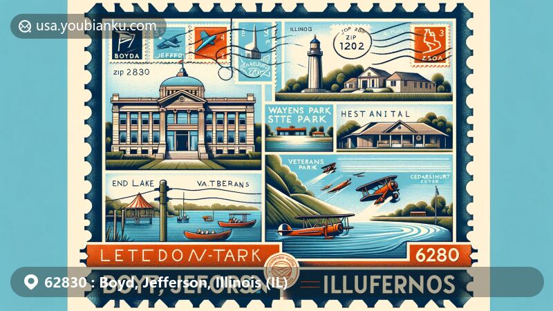 Modern illustration of Boyd area, Jefferson County, Illinois, with ZIP code 62830, featuring vintage air mail envelope adorned with postage stamps depicting local landmarks like Wayne Fitzgerrell State Park, Rend Lake, Veterans Park, Aquatic Zoo Water Park, Cedarhurst Center for the Arts, and Jefferson County Historical Village.
