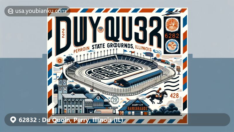 Modern illustration of Du Quoin, Perry County, Illinois, designed as an airmail envelope with emphasis on DuQuoin State Fairgrounds Racetrack and ZIP Code 62832, featuring city's landmark, stamps, postmarks, and Illinois state symbols.
