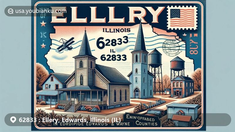 Modern illustration of Ellery, Illinois, highlighting its unique position at the boundary of Edwards and Wayne counties, featuring early church, 1915-built granary, and former grocery store, combined with modern postal elements like Illinois flag postage stamp, Ellery, IL 62833 postmark, and vintage postcard frame with airmail envelope style. Background cleverly includes outlines of Edwards and Wayne counties to emphasize Ellery's distinctive location and blend of town charm with historic landmarks.