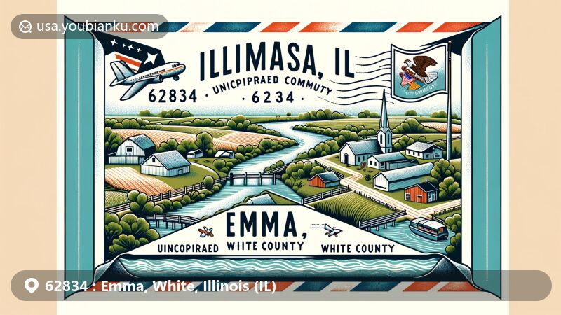 Modern illustration of Emma, White County, Illinois, featuring vintage air mail envelope with ZIP code 62834, showcasing Illinois state flag, White County map, rural scene, and community charm.