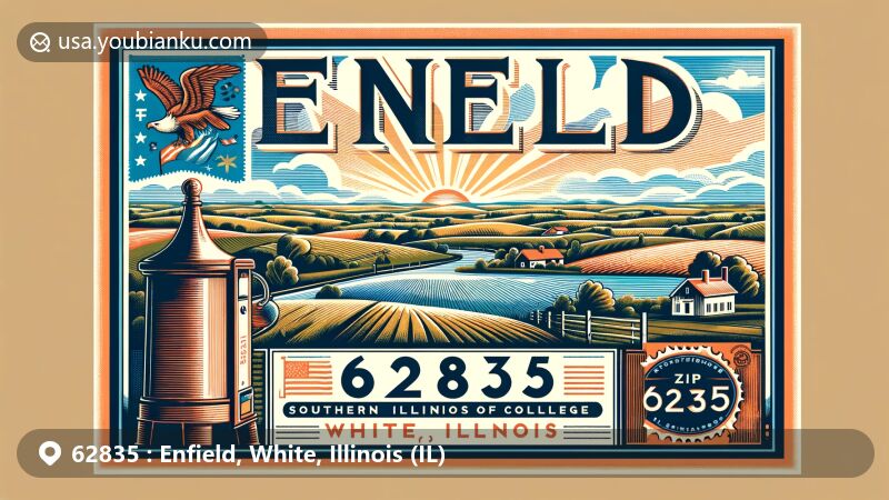 Modern illustration of Enfield, White County, Illinois, highlighting scenic countryside, vintage postal elements, including Illinois state flag postage stamp, and local historical markers.