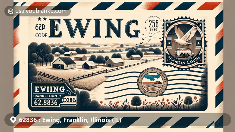 Modern illustration of Ewing, Franklin County, Illinois, featuring creative postcard design with postal theme and ZIP code 62836, showcasing rural landscapes and local charm.