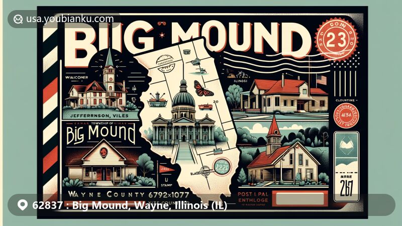 Modern illustration of Big Mound, a historic Native American site in Missouri, depicting ancient mounds and cultural significance.