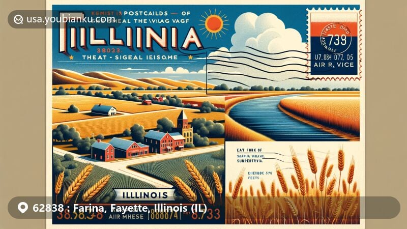 Modern illustration of Farina, Fayette County, Illinois, resembling a postcard with vibrant colors capturing rural landscapes, wheat fields, and the East Fork of the Kaskaskia River, integrating postal theme and local features.