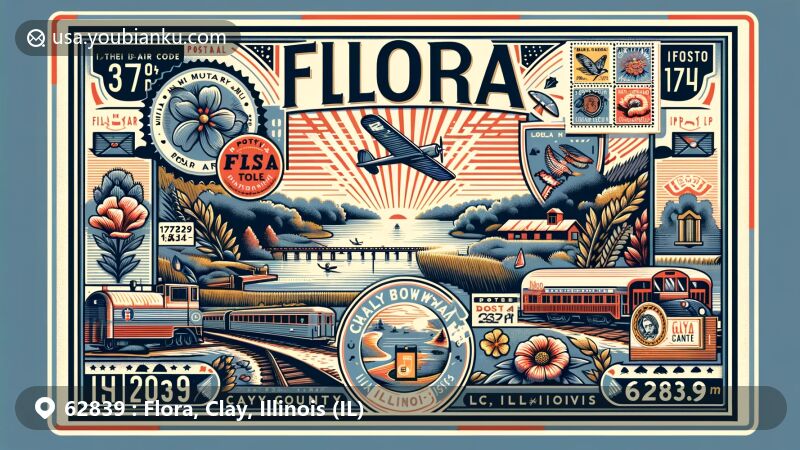 Modern illustration of Flora, Clay County, Illinois, showcasing postal theme with ZIP code 62839, featuring Charley Brown Memorial Park and local recreational attractions.