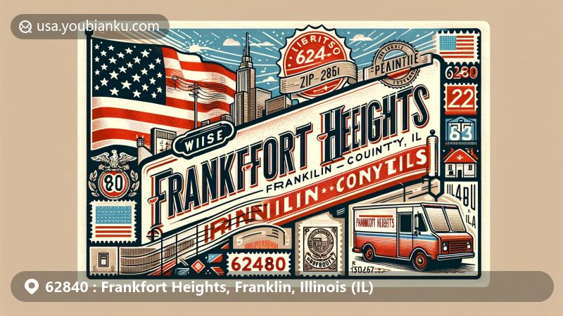 Creative illustration of Frankfort Heights, Franklin County, Illinois, featuring vintage postcard design with ZIP code 62840 and Illinois state symbols.