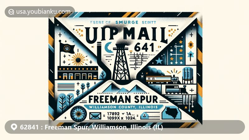 Modern illustration of Freeman Spur area, Williamson County, Illinois, highlighting ZIP code 62841, featuring airmail envelope with Possum Ridge coal mine silhouette, Illinois flag, and Williamson County map outline.