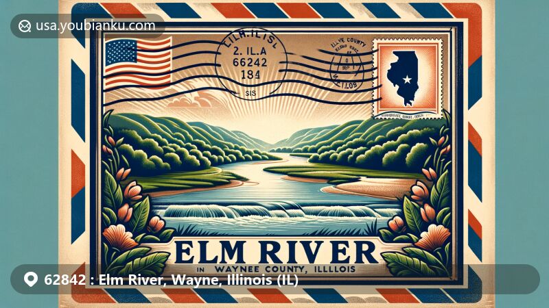 Vintage-style illustration of Elm River area, Wayne County, Illinois, featuring a scenic view of the river amidst green landscapes with local flora details, airmail envelope with ZIP Code 62842, Illinois state outline and flag stamp.