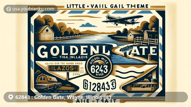 Vintage-style postal illustration for ZIP Code 62843 area in Golden Gate, Illinois, featuring serene rural scene and Illinois state flag stamp.