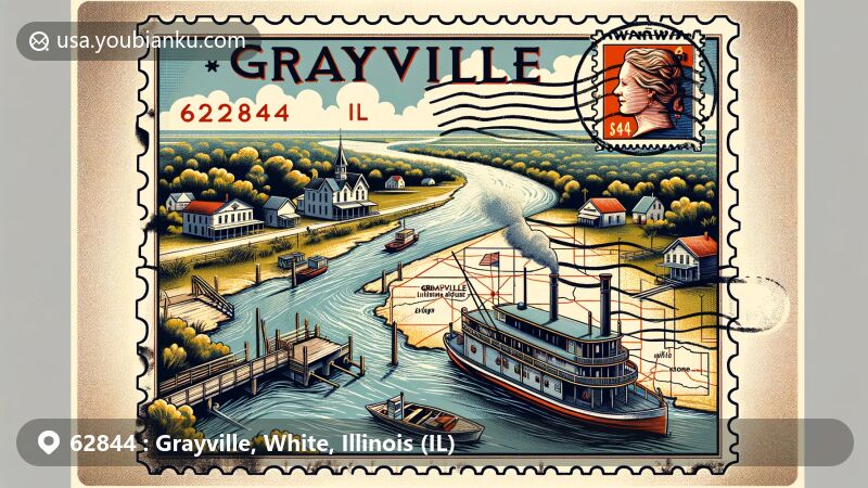 Modern illustration of Grayville, Illinois area with vintage postcard elements and modern techniques, showcasing Wabash River, Illinois outline, postal elements, and historical steamboat reference.