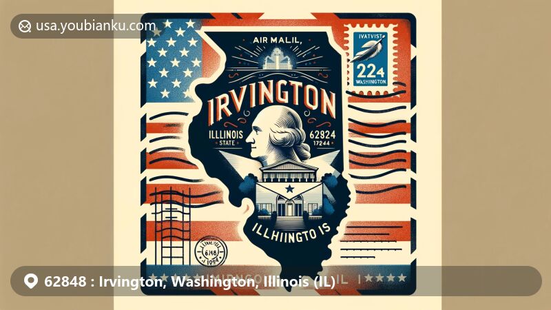 Modern illustration of Irvington, Illinois, featuring a postal theme with ZIP code 62848, highlighting Washington County and paying tribute to Washington Irving, incorporating elements such as a vintage book and a quill. The design includes the silhouette of Illinois state, an American flag, an air mail envelope, and a stamp with the state outline and ZIP code 62848, along with a postal mark of 'Irvington, IL' and the current date.