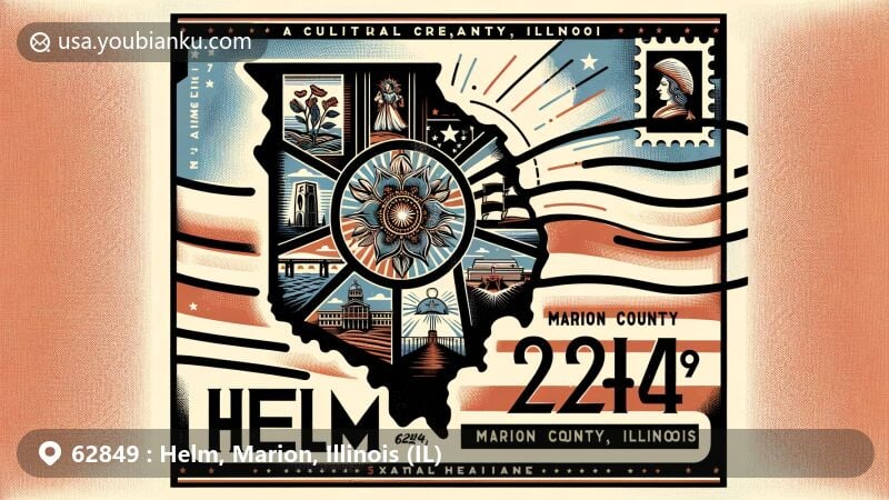 Creative postcard illustration of Helm, Marion County, Illinois, featuring a stylized Illinois state flag integrated into the background, showcasing Marion County's outline and postal elements with ZIP Code 62849.