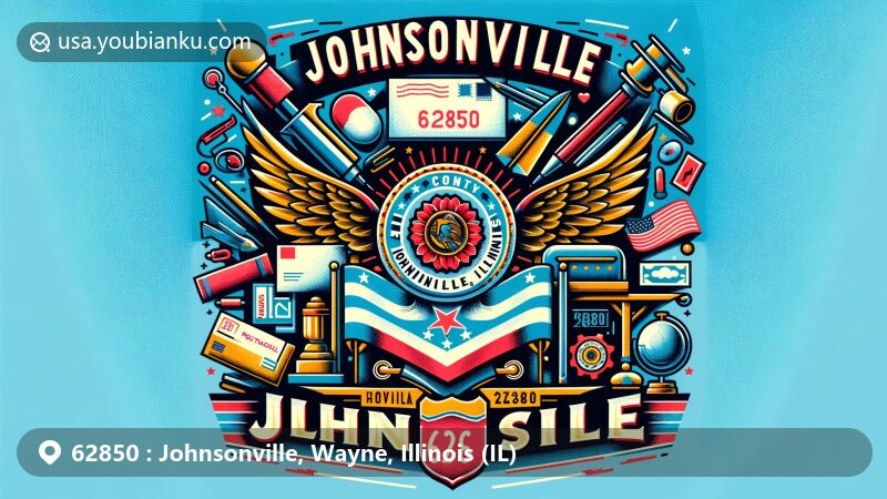Modern illustration of Johnsonville, Wayne County, Illinois, capturing the essence of ZIP code 62850, incorporating Illinois symbols and postal elements in a rural setting.