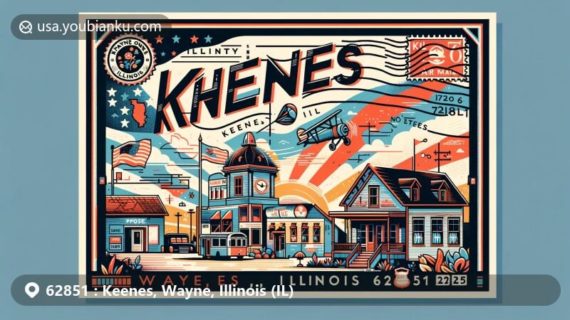 Modern illustration of Keenes, Wayne County, Illinois, with ZIP code 62851, merging local charm and postal elements, highlighting the village appeal and state references.