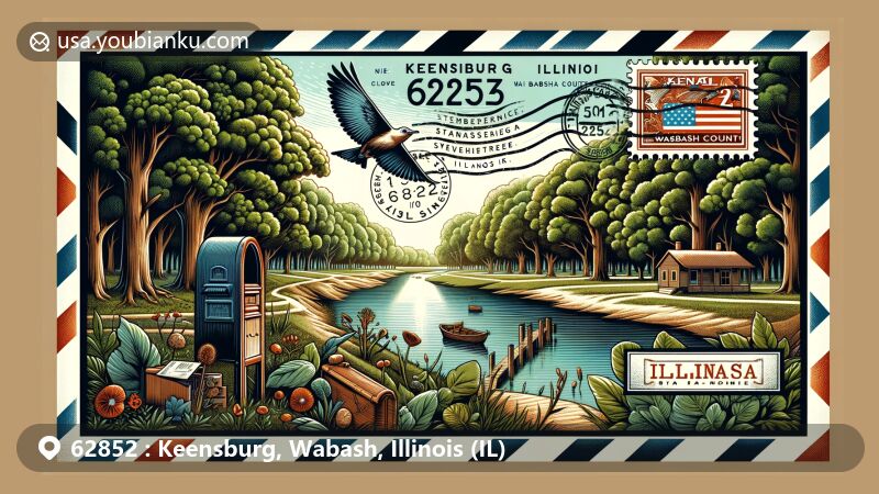Modern illustration of Keensburg, Wabash County, Illinois, featuring Beall Woods State Park biodiversity with white oak, tuliptree, American sycamore, and the state champion American Sweetgum, alongside Wabash River, all within an airmail envelope with Illinois state flag stamp, postal mark, and antique mailbox.